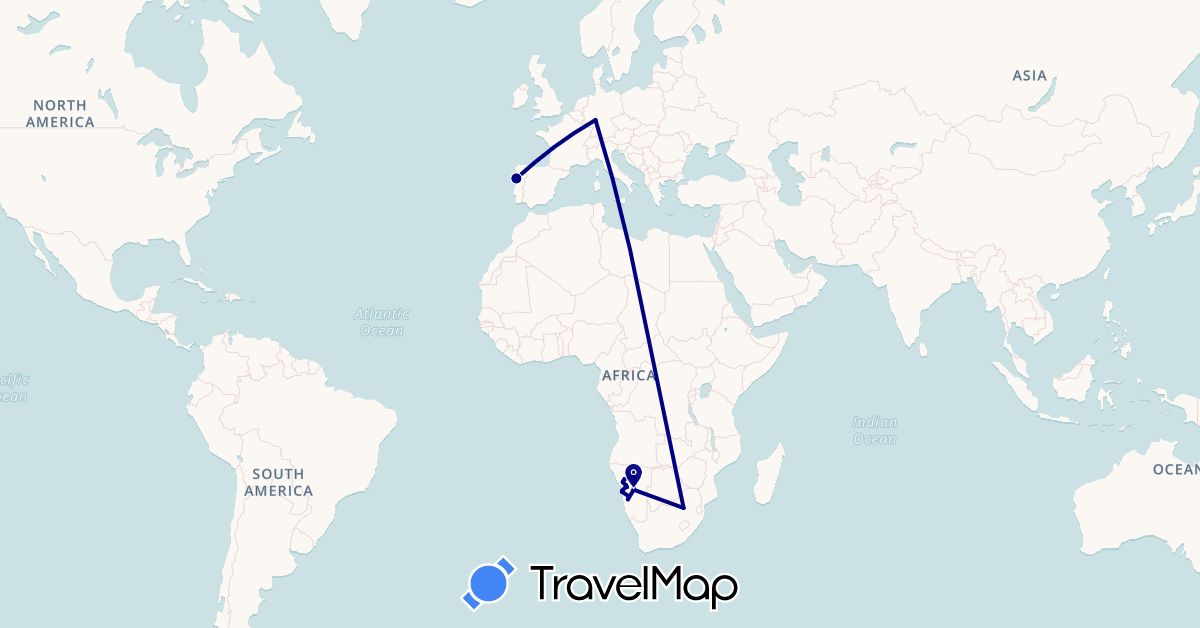 TravelMap itinerary: driving in Germany, Namibia, Portugal, South Africa (Africa, Europe)